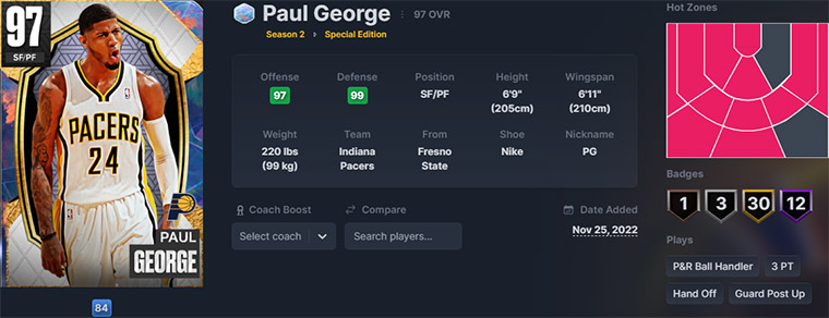 NBA 2K23 Galaxy Opal Paul George Data